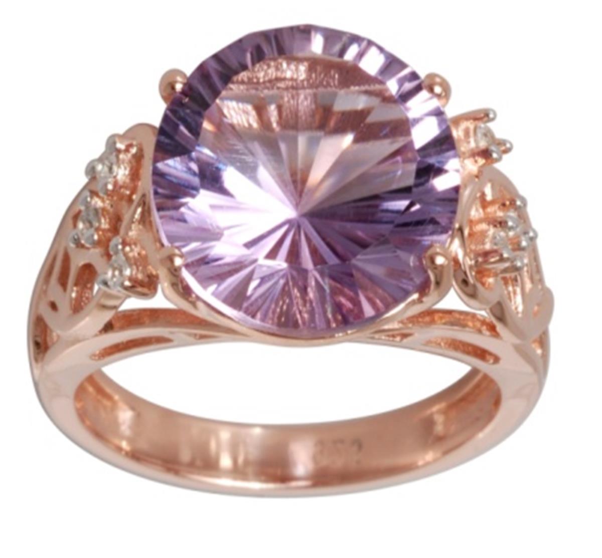 10K Rose Gold 12mm Round Cut Pink Amethyst & White Zircon Filigree Sides Fashion Ring