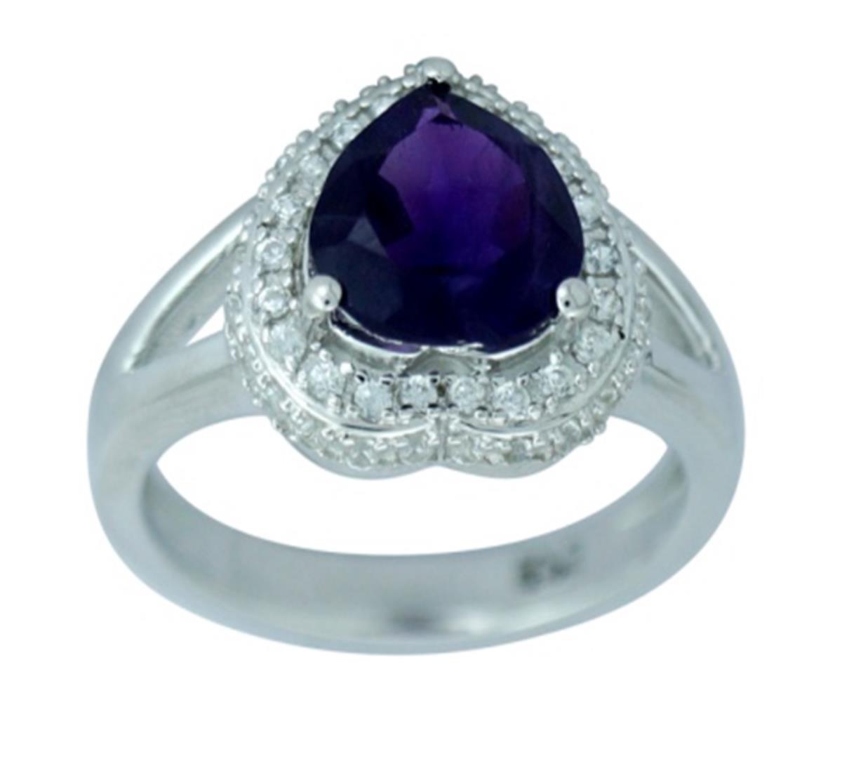 Sterling Silver Rhodium 9mm Heart Cut Amethyst with White Zircon Halo Fashion Ring