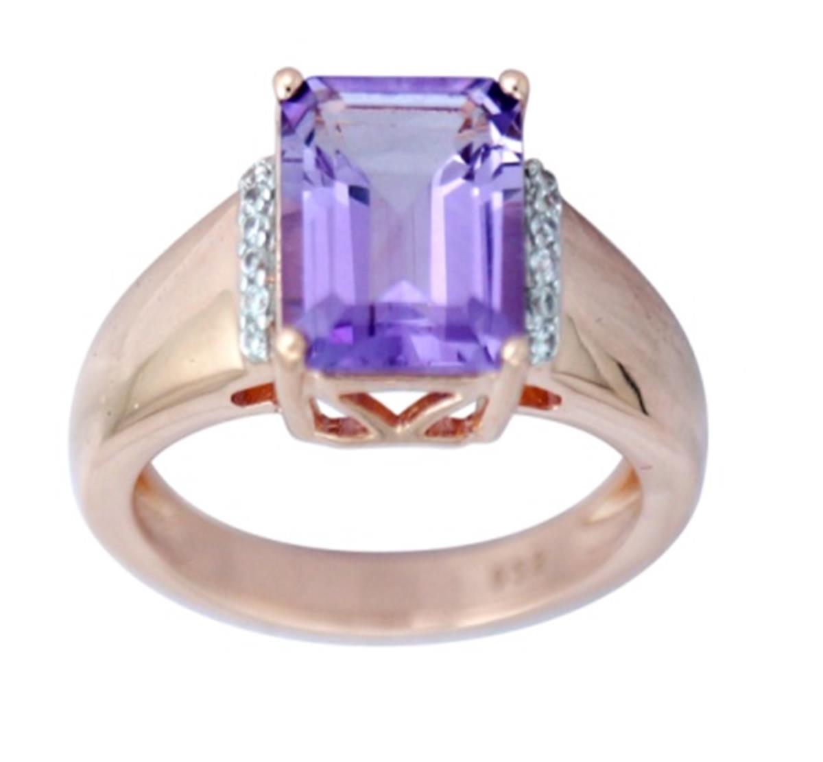 Sterling Silver Rose 1-Micron 10x8mm Emerald Cut Pink Amethyst & White Zircon Sides Engagement Ring