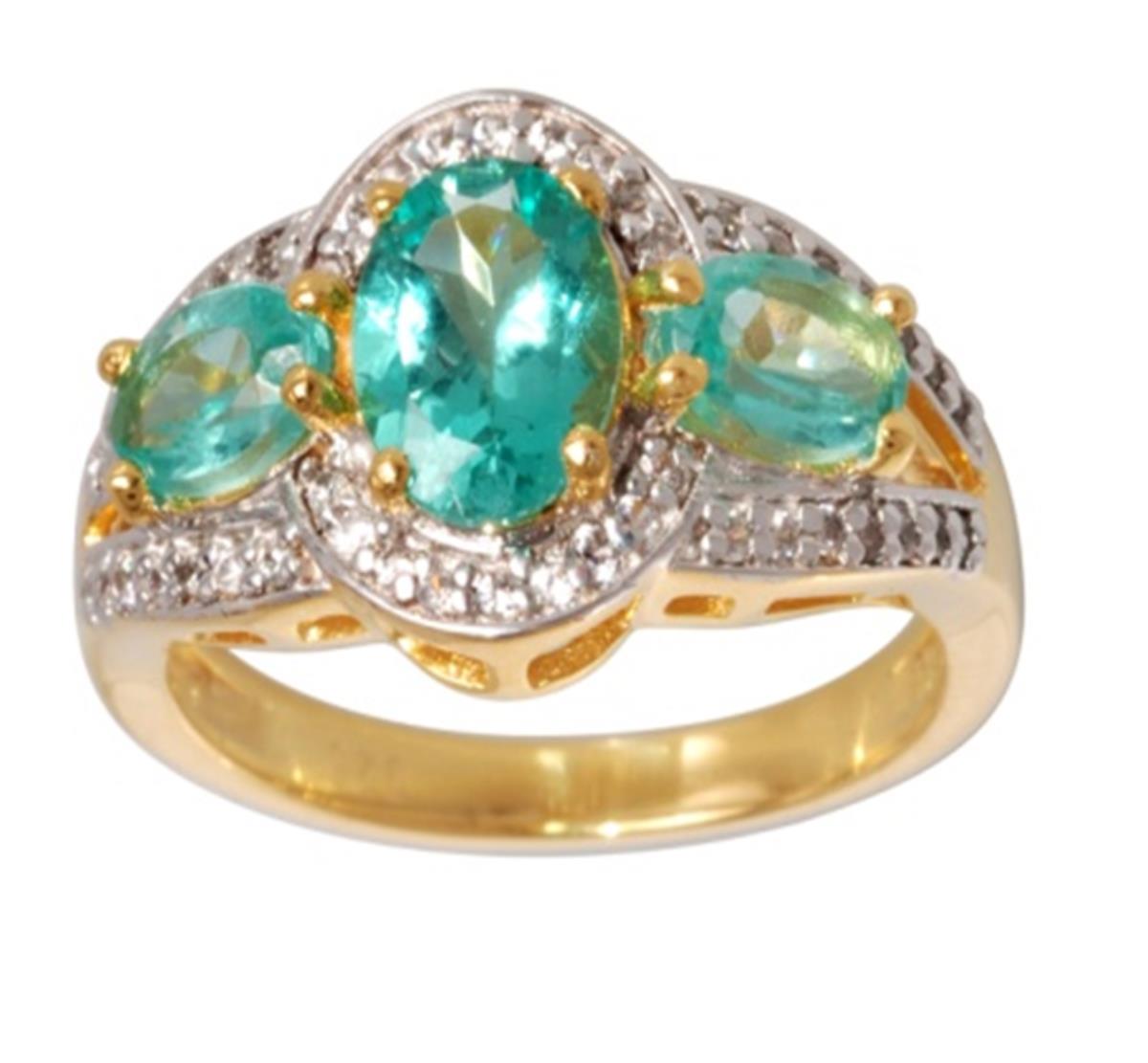 10K Yellow Gold Triple Oval Cut Green Emerald Apatite & Rd White Zircon Fashion Ring