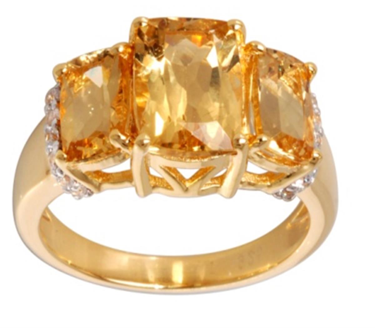 10K Yellow Gold Triple Cushion Shaped Citrine with White Zircon Sides Engagement Ring