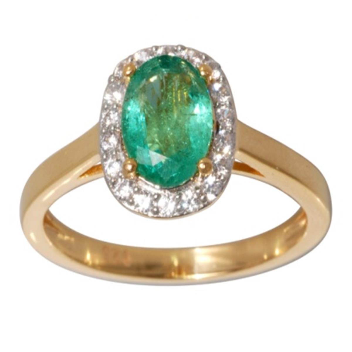 10K Yellow Gold 8x6mm Oval Cut Sakota Emerald & White Zircon Halo Engagement Ring