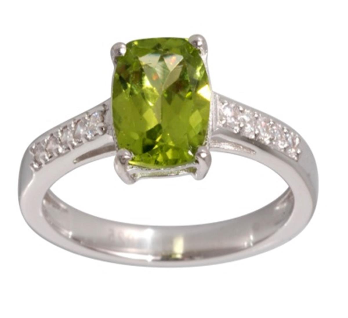 Sterling Silver Rhodium 9x7mm Cushion Cut Peridot with Paved White Zircon Sides Engagement Ring