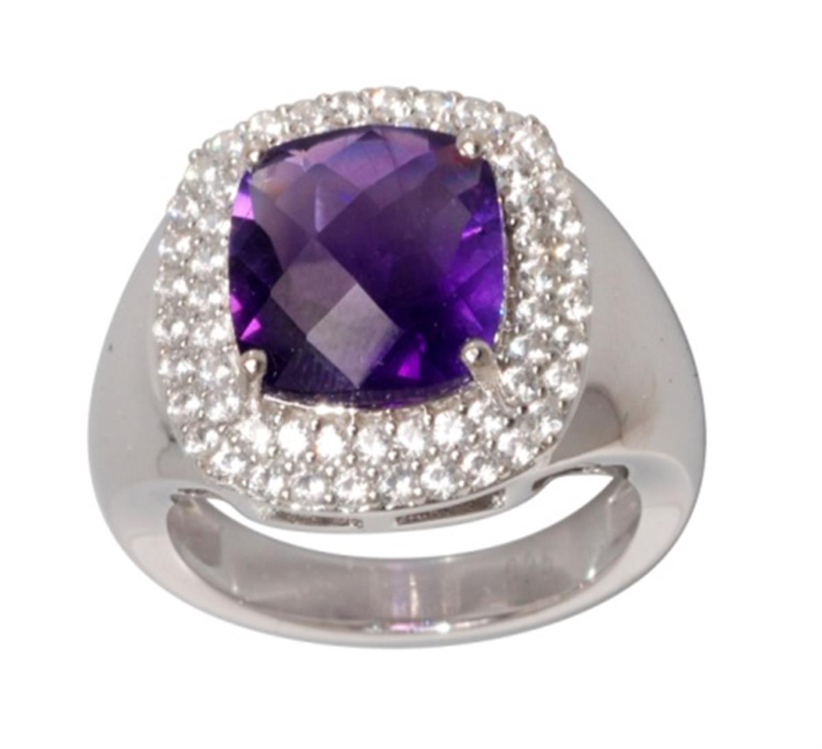 Sterling Silver Rhodium 10mm Cushion Cut Amethyst with White Zircon Double Halo Fashion Ring