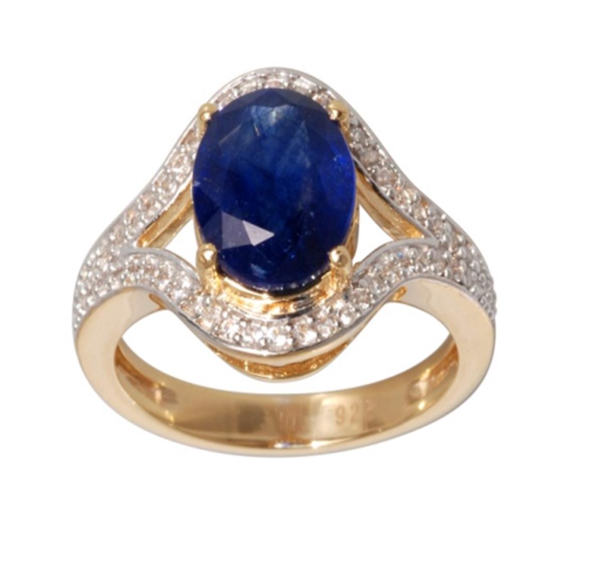 10K Yellow Gold 10x8mm Oval Cut Glass Filled Sapphire & White Zircon Split Shank Fashion Ring