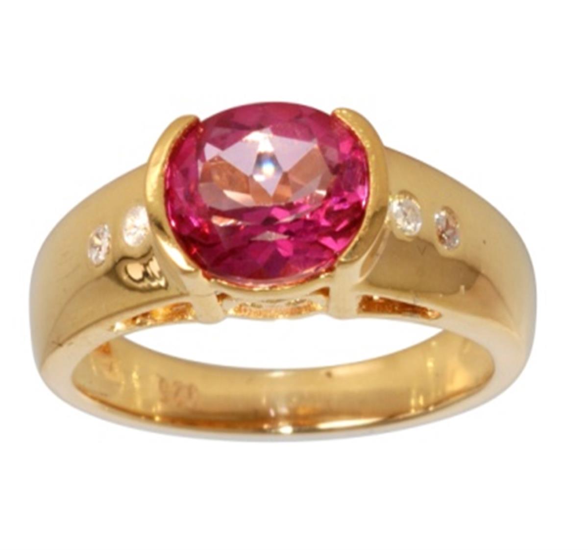 10K Yellow Gold 9x7mm Oval Cut Pink Topaz & White Zircon Half Bezel Fashion Ring