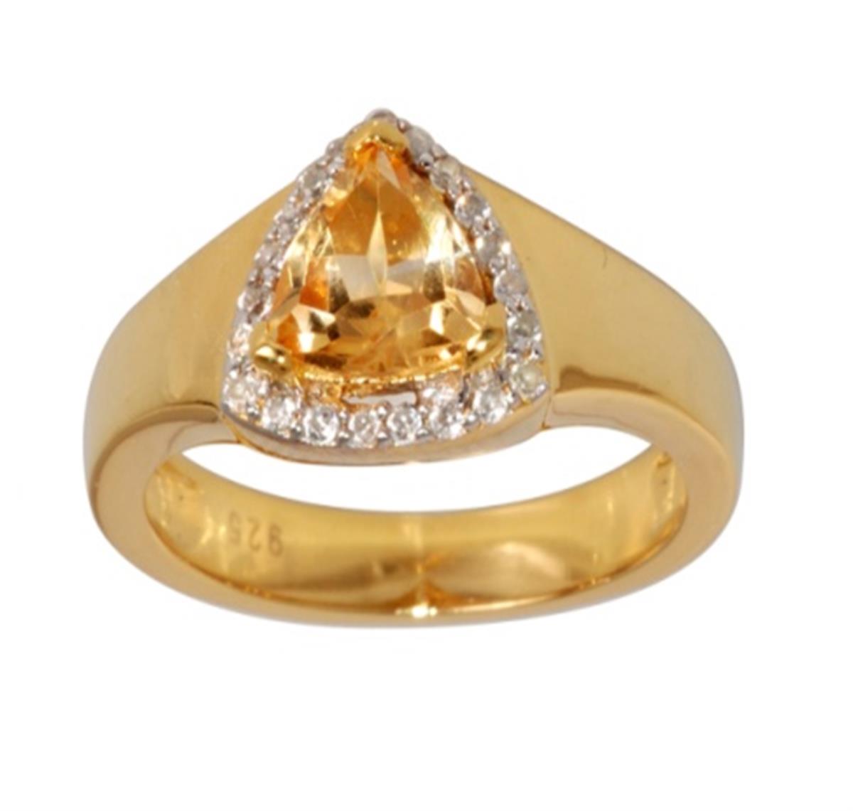 Sterling Silver Yellow 1-Micron 7mm Trillion Cut Citrine with White Zircon Halo Fashion Ring
