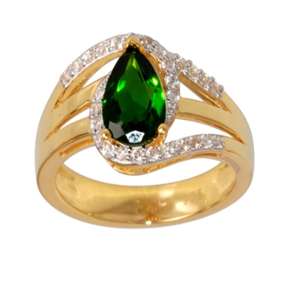 Sterling Silver Yellow 1-Micron 3-Strand 9x6mm Pear Cut Chrome Diopside & White Zircon Fashion Ring