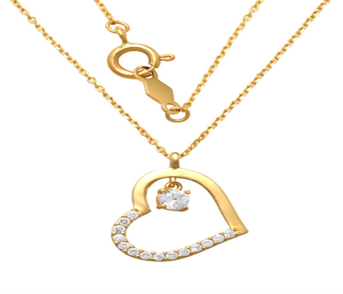 14K Yellow Gold Dangling 3mm Round Cut within Open Heart 18" Necklace