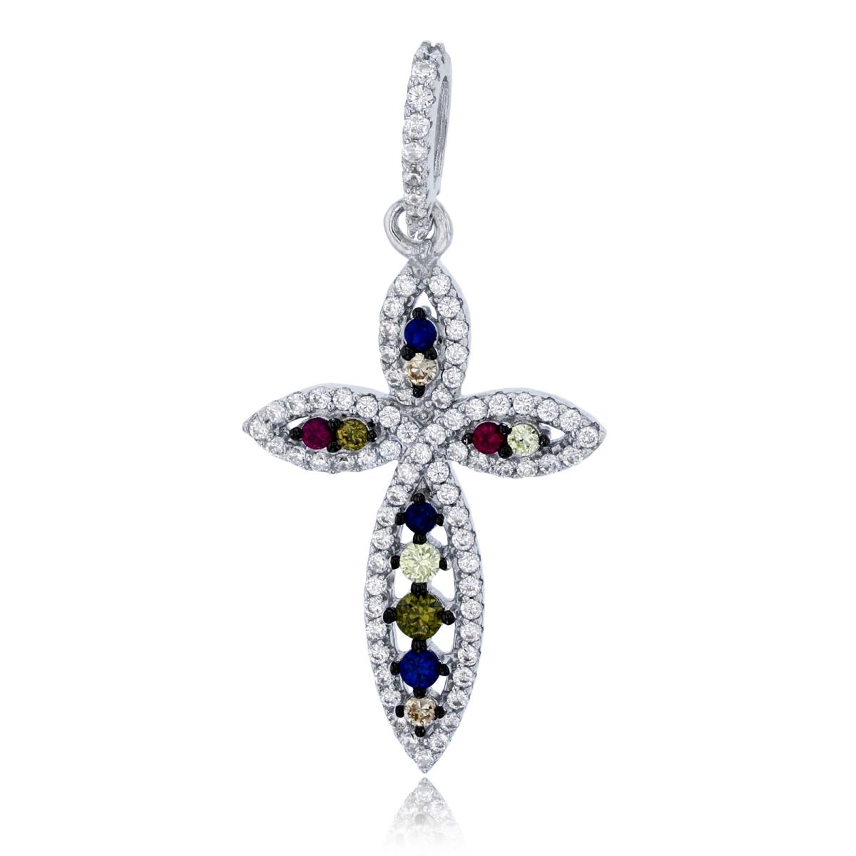 Sterling Silver Rhodium 35x17mm Micropave Multi Color CZ Marquise Cross Pendant