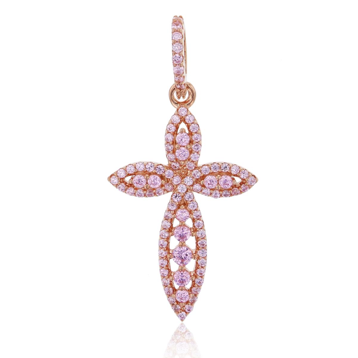 Sterling Silver Rose 35x17mm Micropave Pink CZ Marquise Cross Pendant
