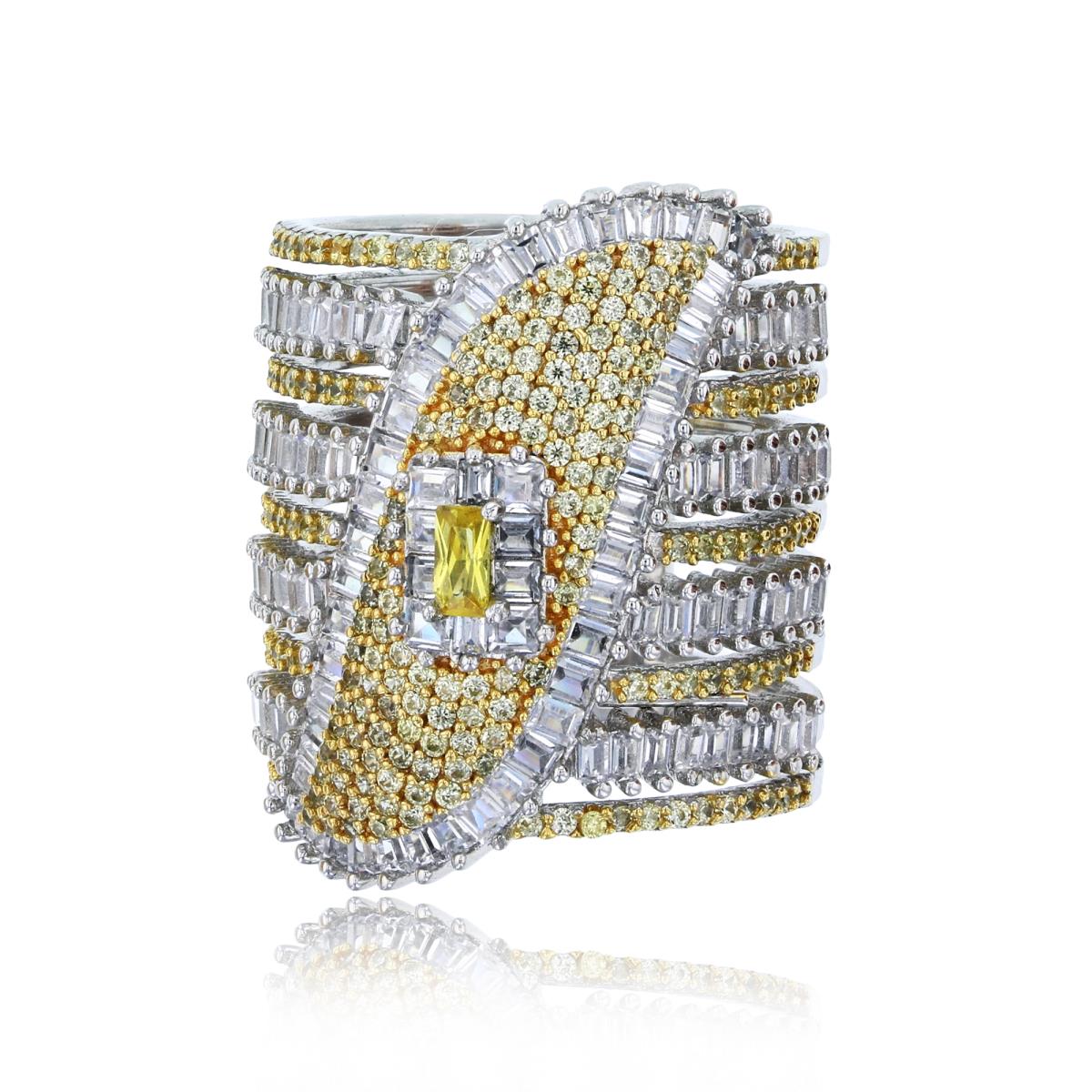 Sterling Silver Yellow & White Multi Row Pave Canary Yellow & White Multi Cut CZ Cocktail Ring
