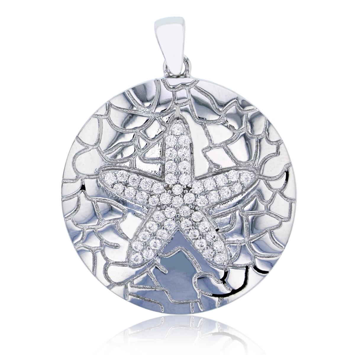 Sterling Silver Rhodium 32x25mm Micropave Starfish Textured Circle Pendant