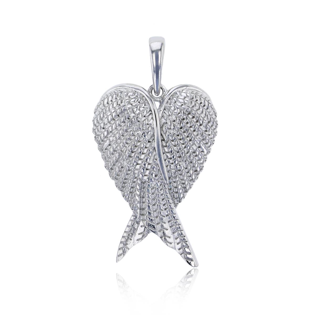 Sterling Silver Rhodium Textured Folded Angel Wings Pendant