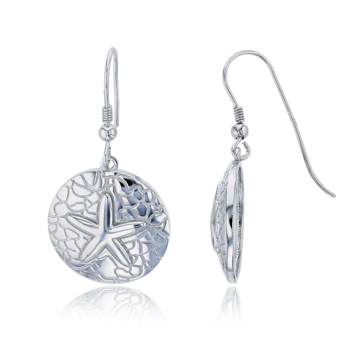 Sterling Silver Rhodium 40x20mm Starfish Textured Circle Fish-Hook Earring