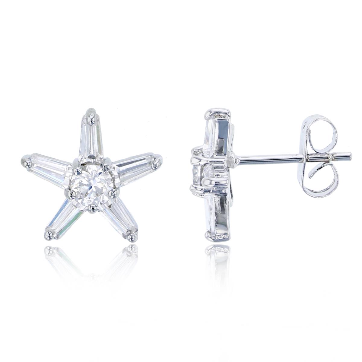 Sterling Silver Rhodium Round Cut & Baguette CZ Star Stud Earring