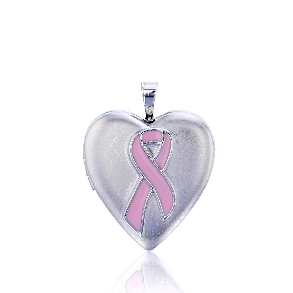 Sterling Silver Rhodium Pink Ribbon Satin Heart Locket Pendant