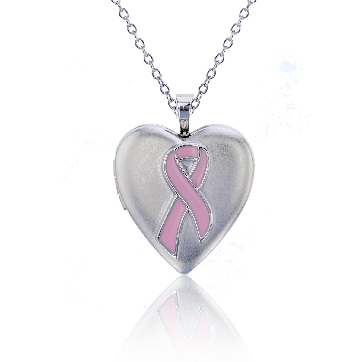 Sterling Silver Rhodium Pink Ribbon Satin Heart Locket 18" Necklace