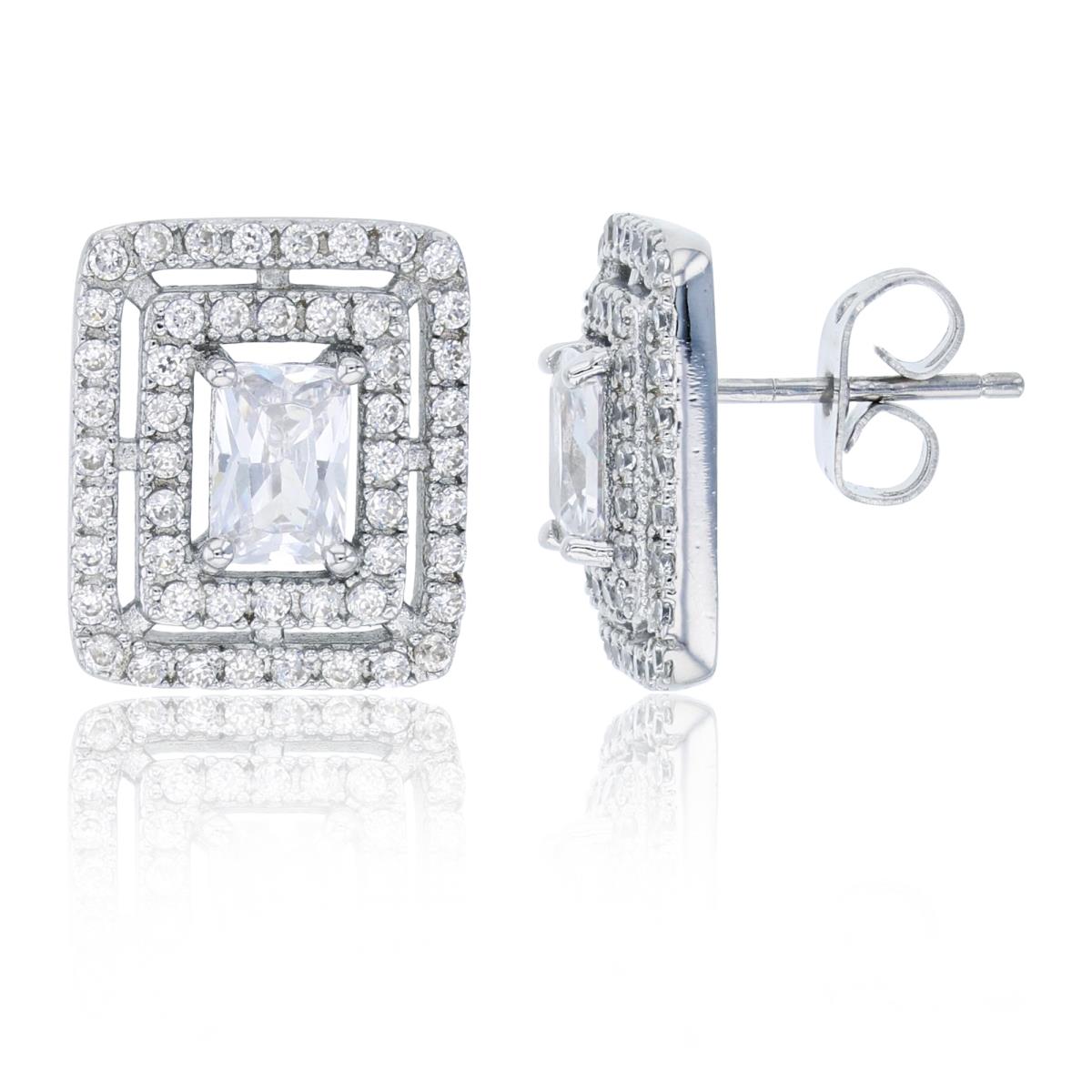 Sterling Silver Rhodium 6x4mm Emerald Cut CZ & Double White Halo Stud Earring