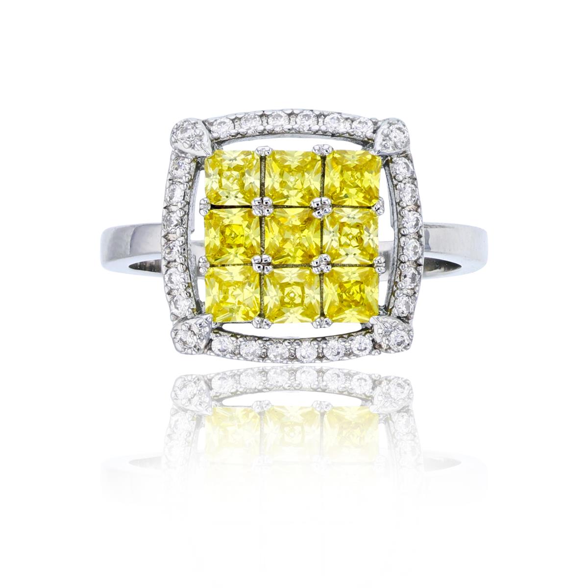 Sterling Silver Rhodium Pave Yellow Princess Cut & White Rd CZ Cushion Fashion Ring