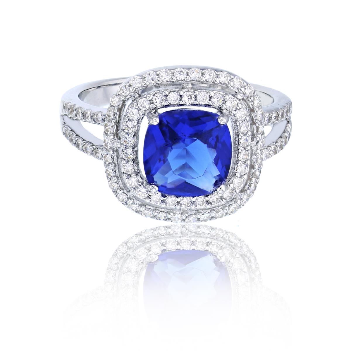 Sterling Silver Rhodium 8mm Blue Spinel Cushion Cut & Double White Halo Fashion Ring