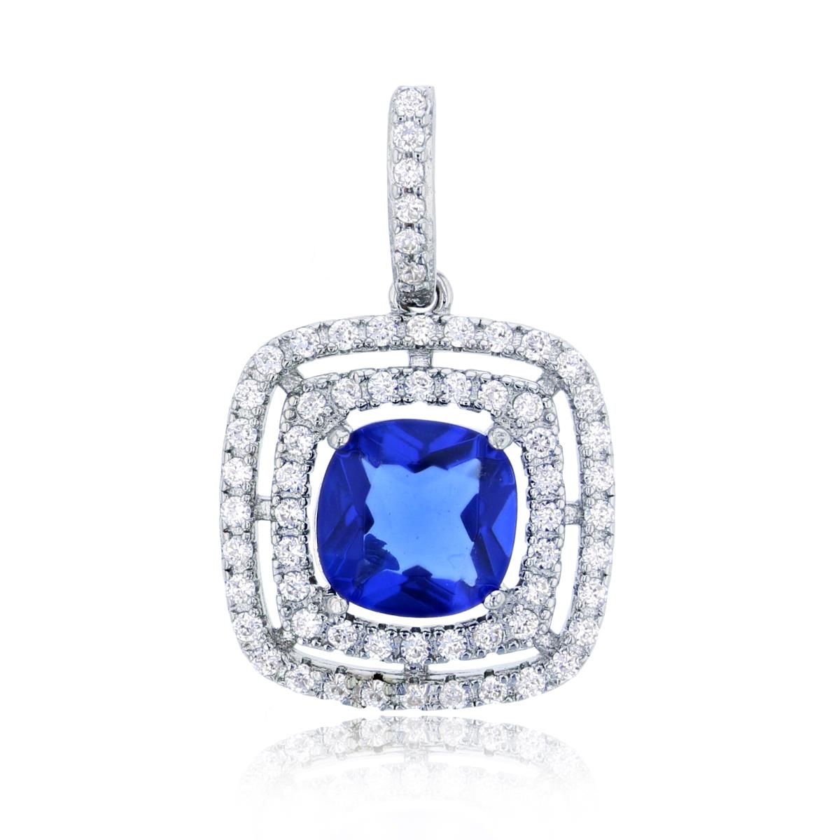 Sterling Silver Rhodium 8mm Blue Spinel Cushion Cut & Double White CZ Halo Pendant