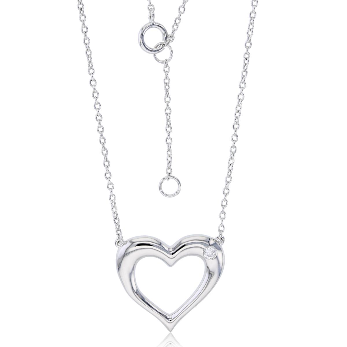 Sterling Silver Rhodium Polished Heart with 2.5mm Round Cut CZ 18" Necklace