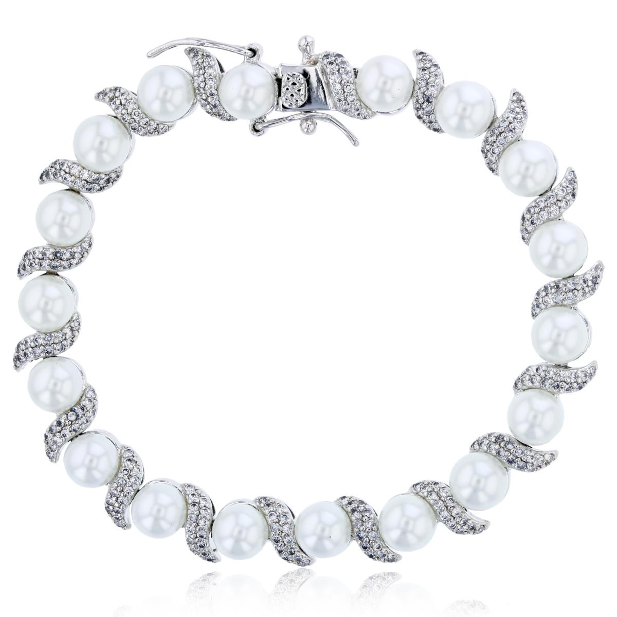 Sterling Silver Rhodium 6mm Pearl with Micropave "S" Shaped 7" Bracelet