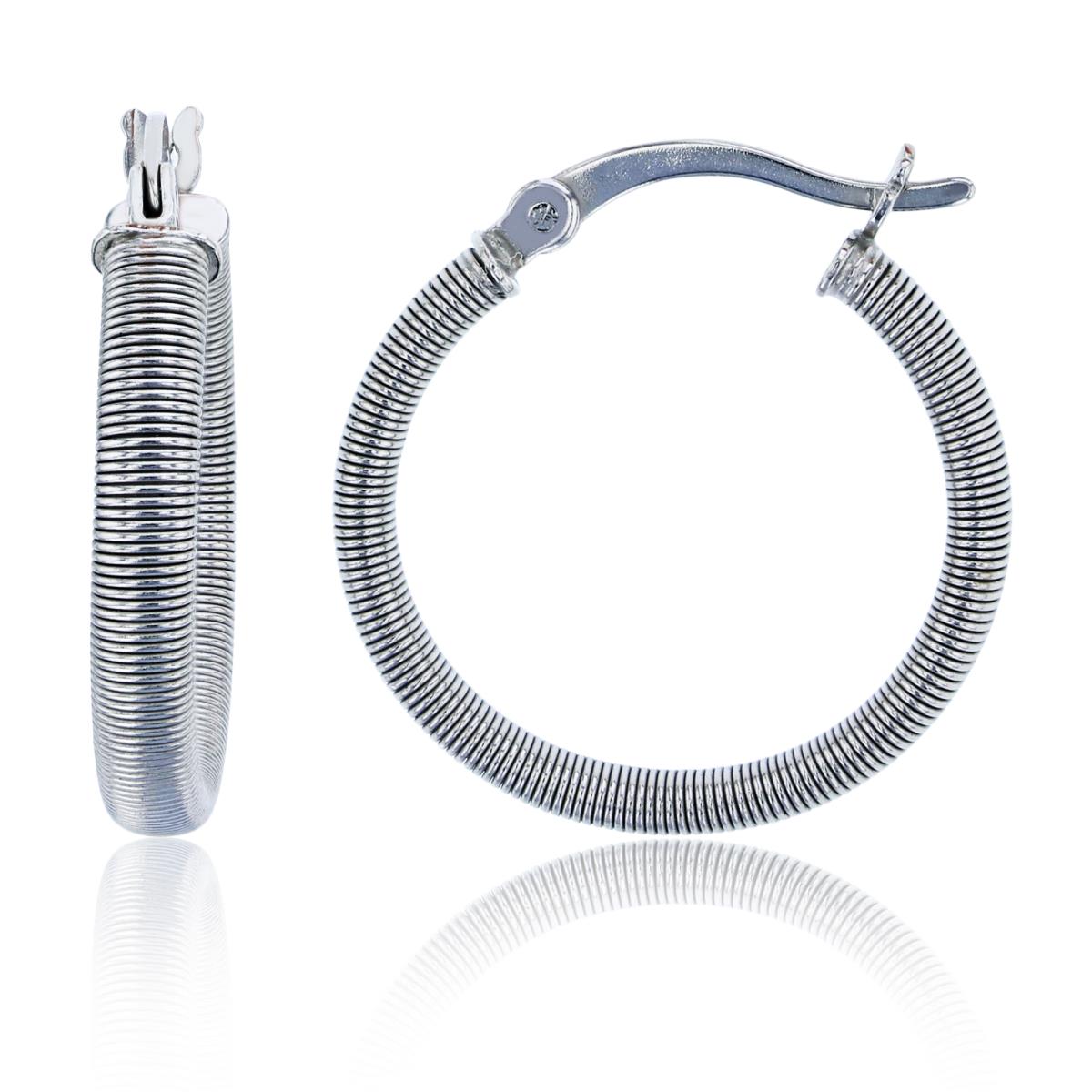 Sterling Silver Rhodium 20x3mm Spring Textured Hoop Earring