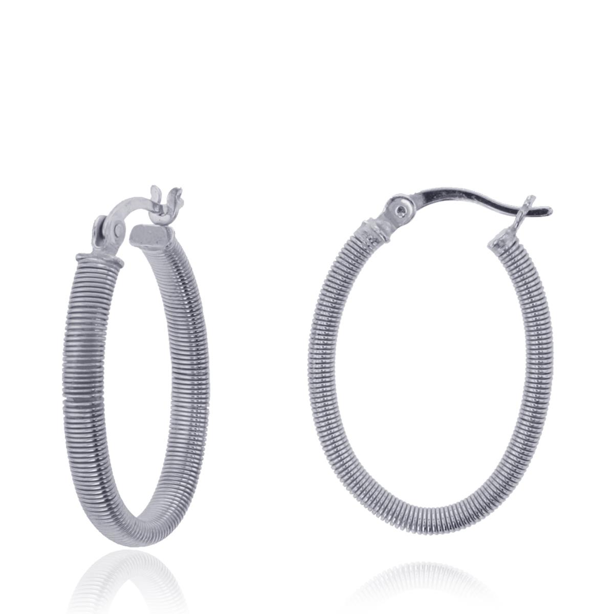 Sterling Silver Rhodium 25x3mm Fluted Textured Oval Hoop Earring
