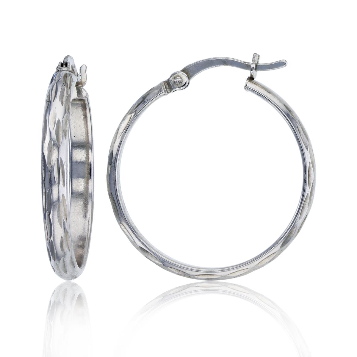 Sterling Silver Rhodium 25x3mm Diamond Cut Hoop Earring