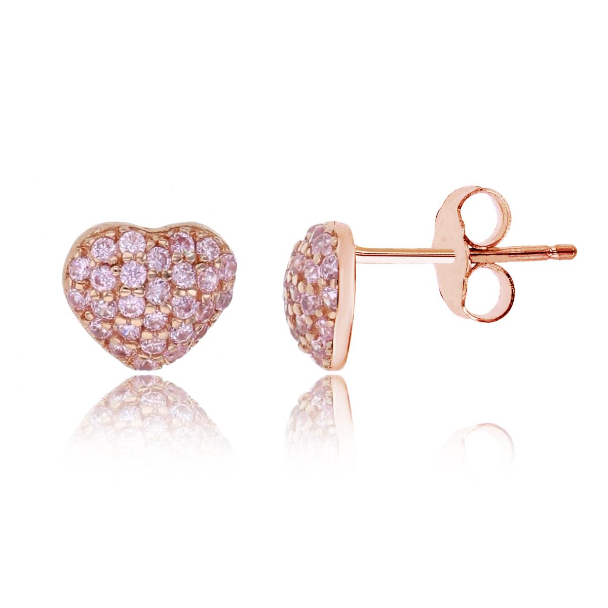 Sterling Silver Rose Micropave Pink Puff Heart Stud Earring