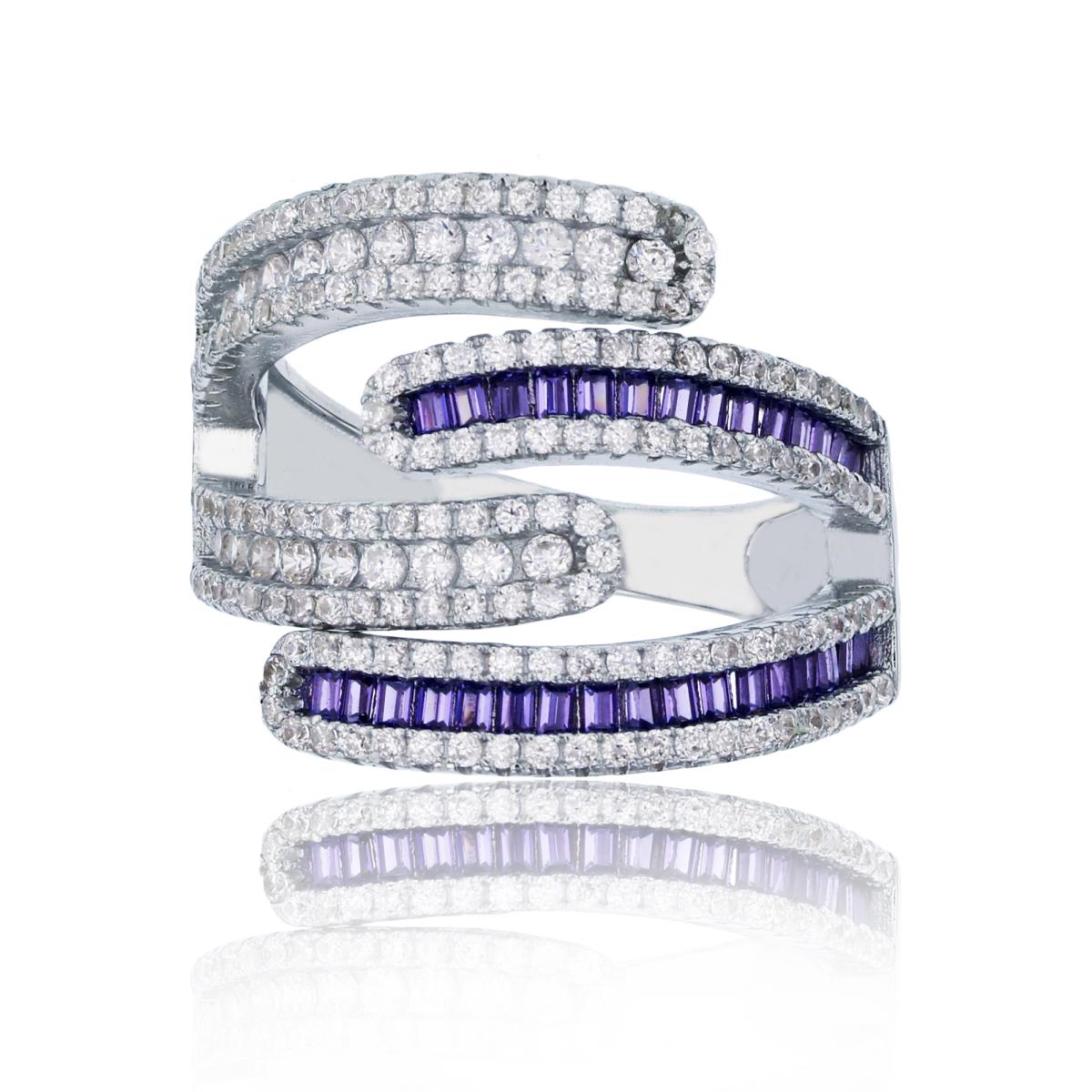 Sterling Silver Rhodium 18mm Miropave White Rd & Amethyst Baguette CZ Multi-Strand Fashion Ring