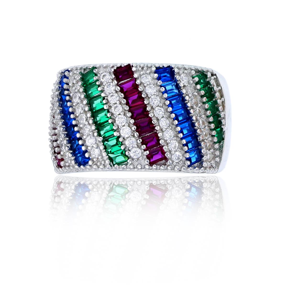 Sterling Silver Rhodium Micropave Alternating Multi Color Baguette & White Rd Cut Slashed Rows Fashion Ring