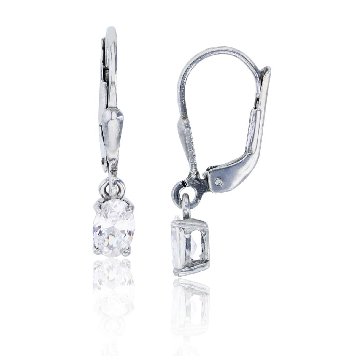 Sterling Silver Rhodium 7x5mm Oval Cut CZ Solitaire Lever-Back Earring