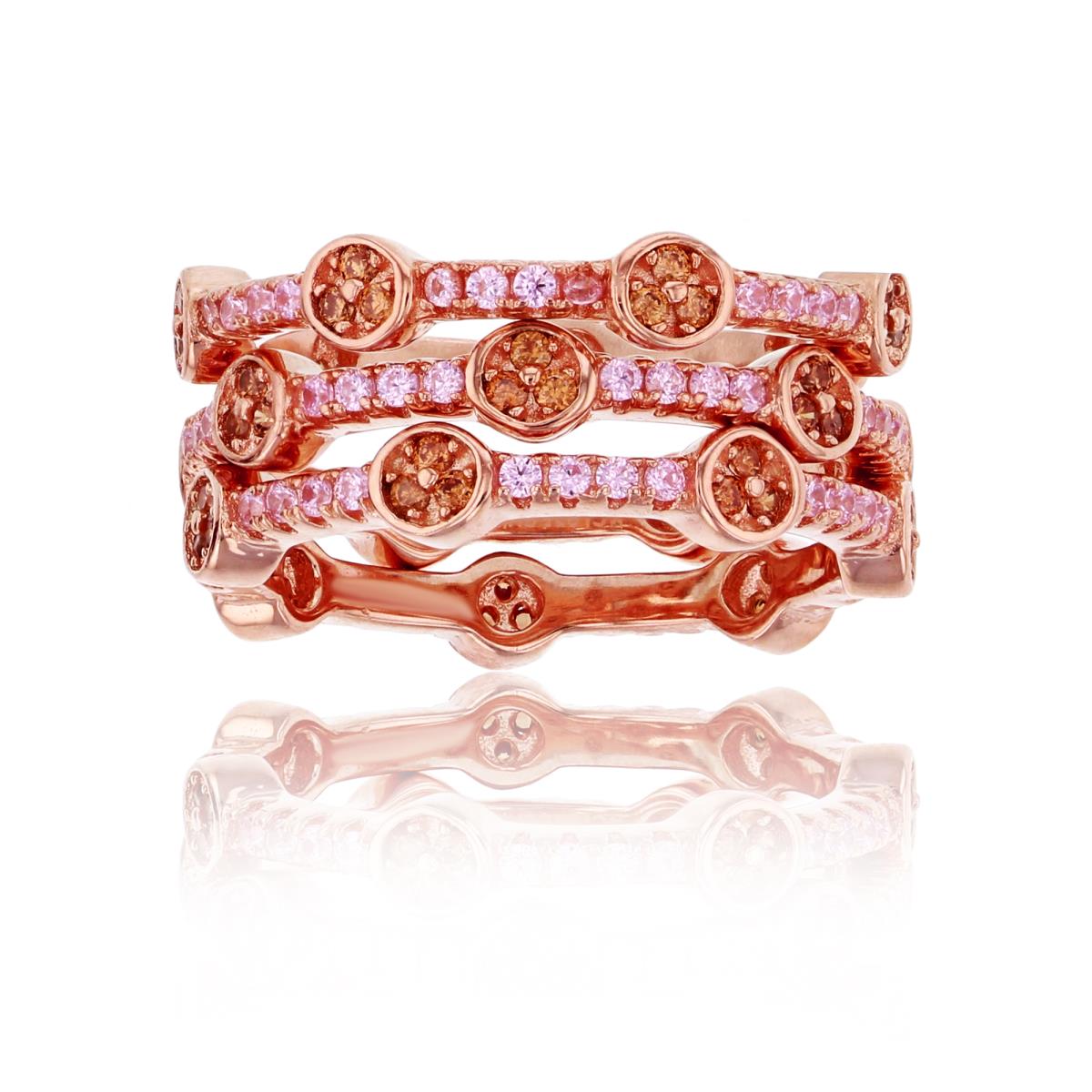 Sterling Silver Rose Micropave Pink & Champagne Station Trio Eternity Stack Ring