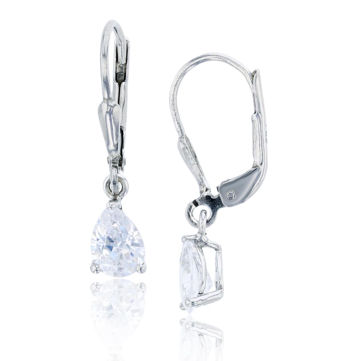 Sterling Silver Rhodium 7x5mm Pear Cut CZ Solitaire Lever-Back Earring
