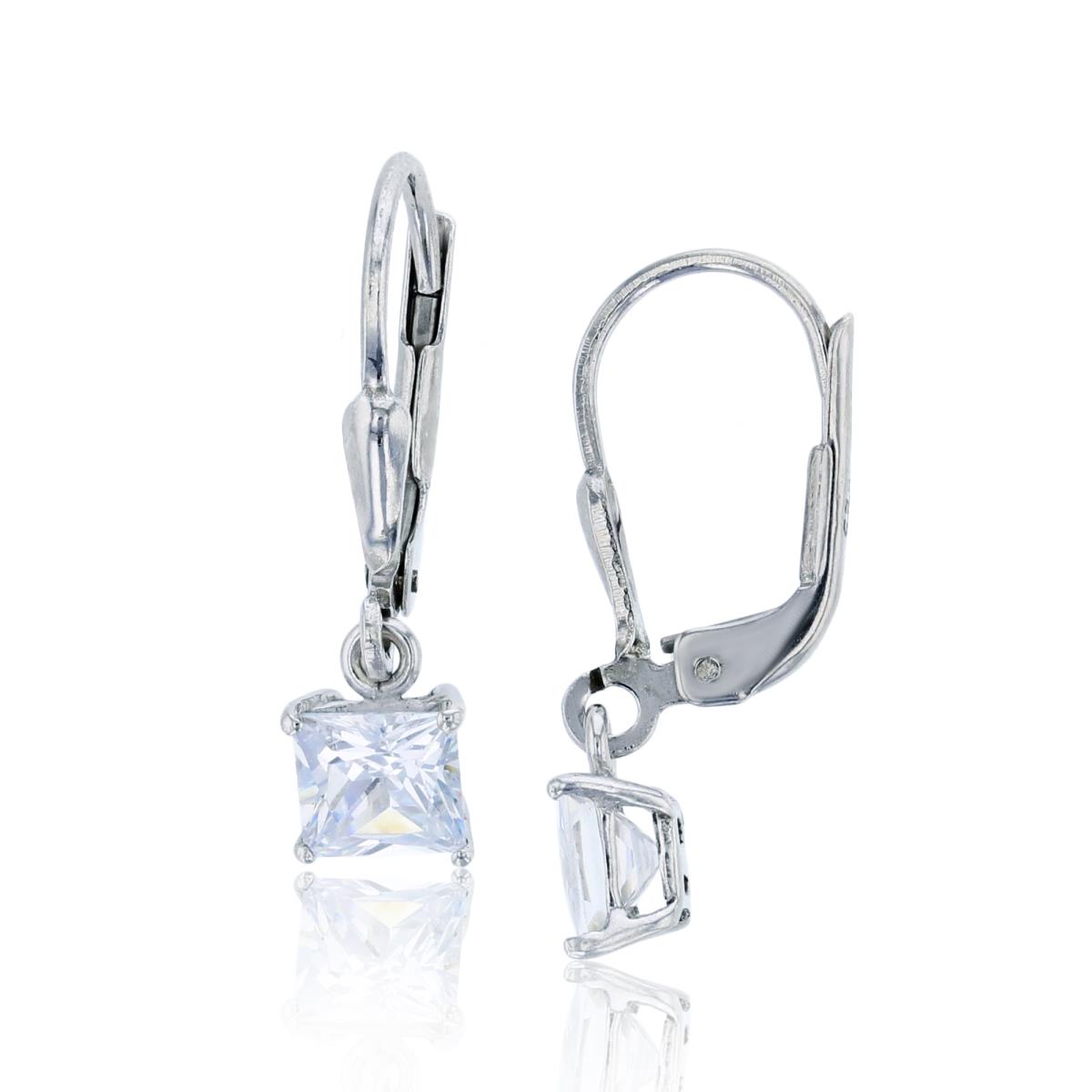 Sterling Silver Rhodium 5.00mm Princess Cut CZ Solitaire Lever-Back Earring
