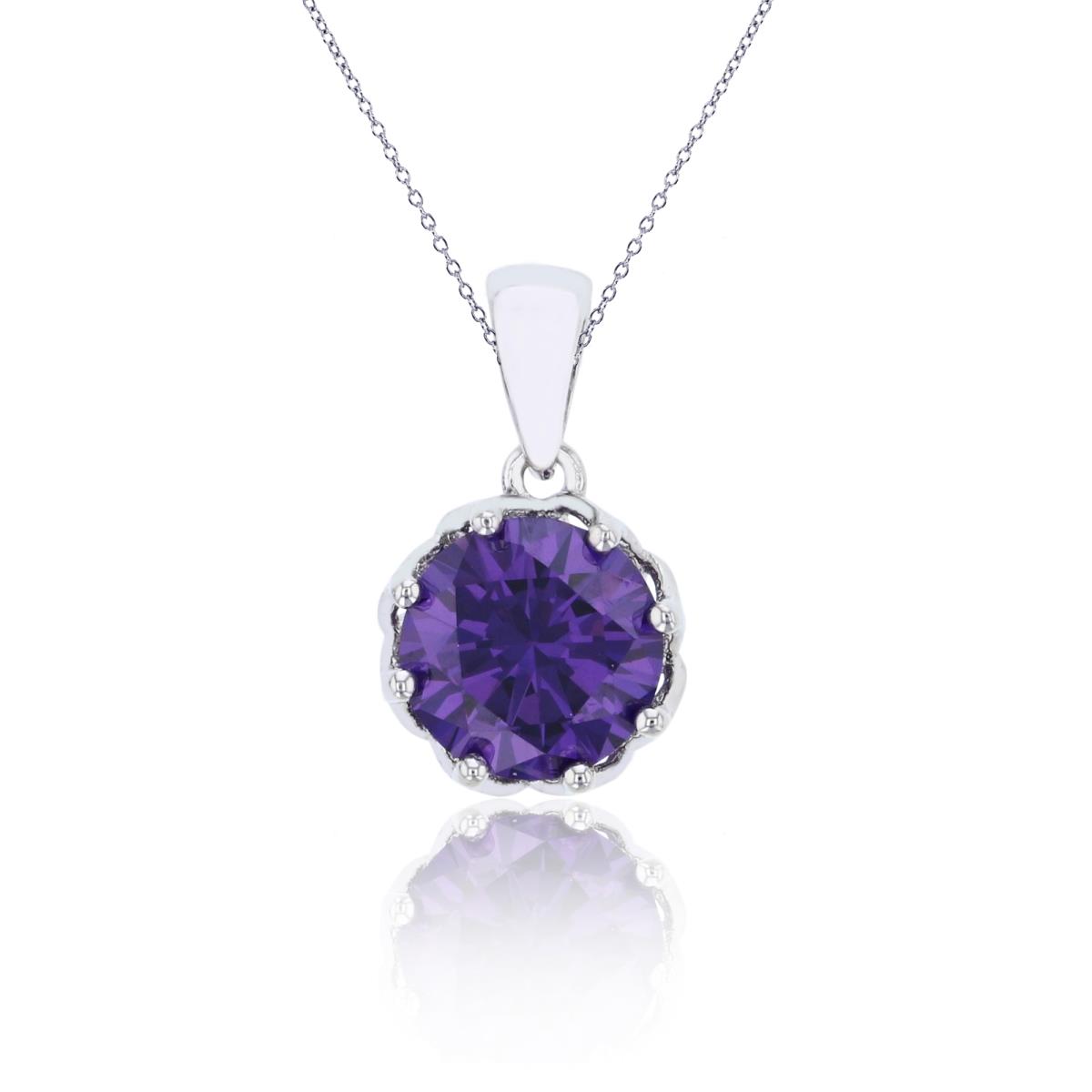 Sterling Silver Rhodium 8mm Amethyst Round Cut CZ Solitaire 18" Necklace