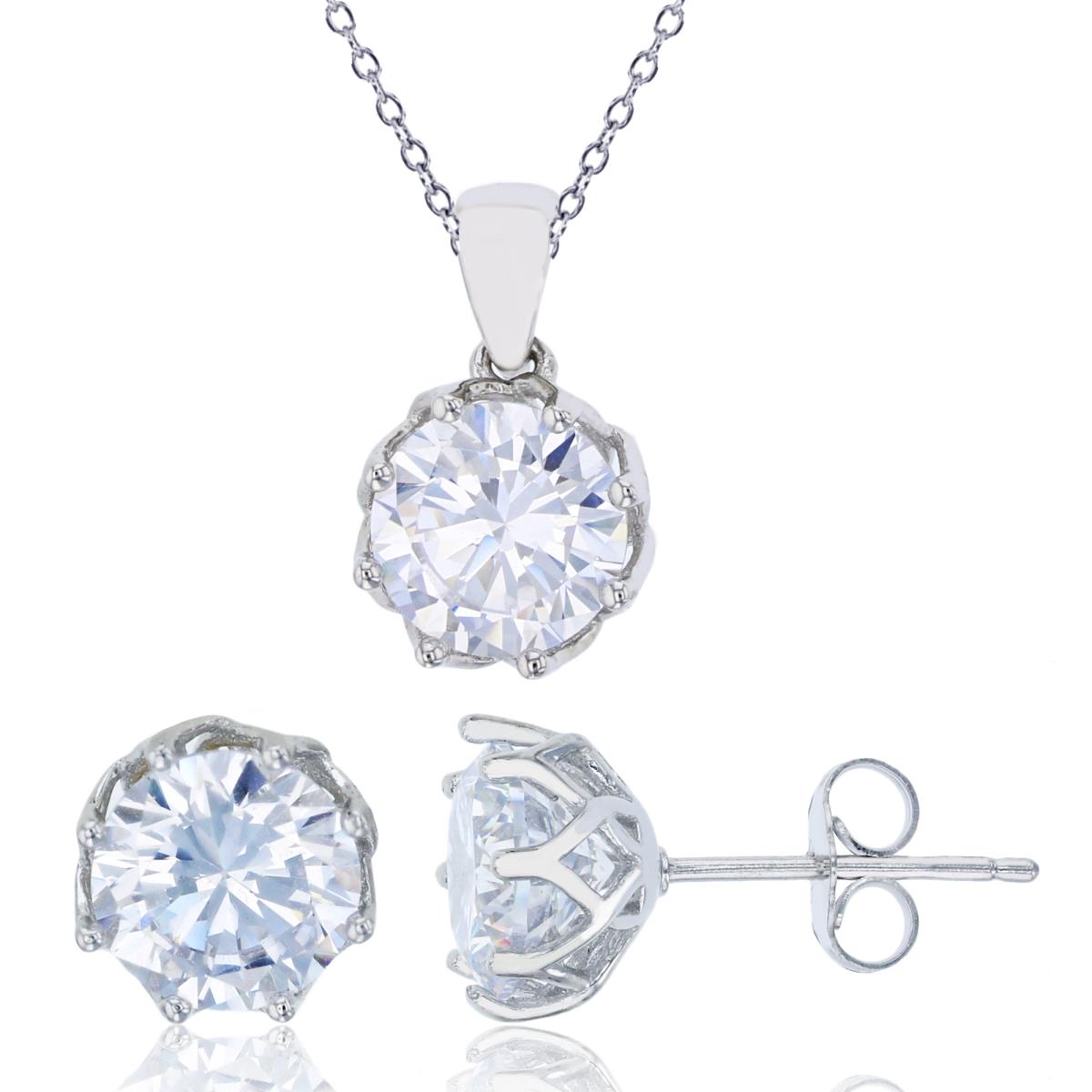 Sterling Silver Rhodium 8mm Round Cut CZ Solitaire 18" Necklace & Earring Set