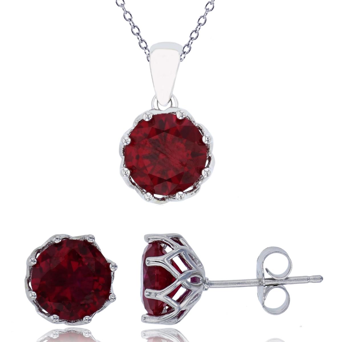Sterling Silver Rhodium 8mm Ruby Round Cut CZ Solitaire 18" Necklace & Earring Set