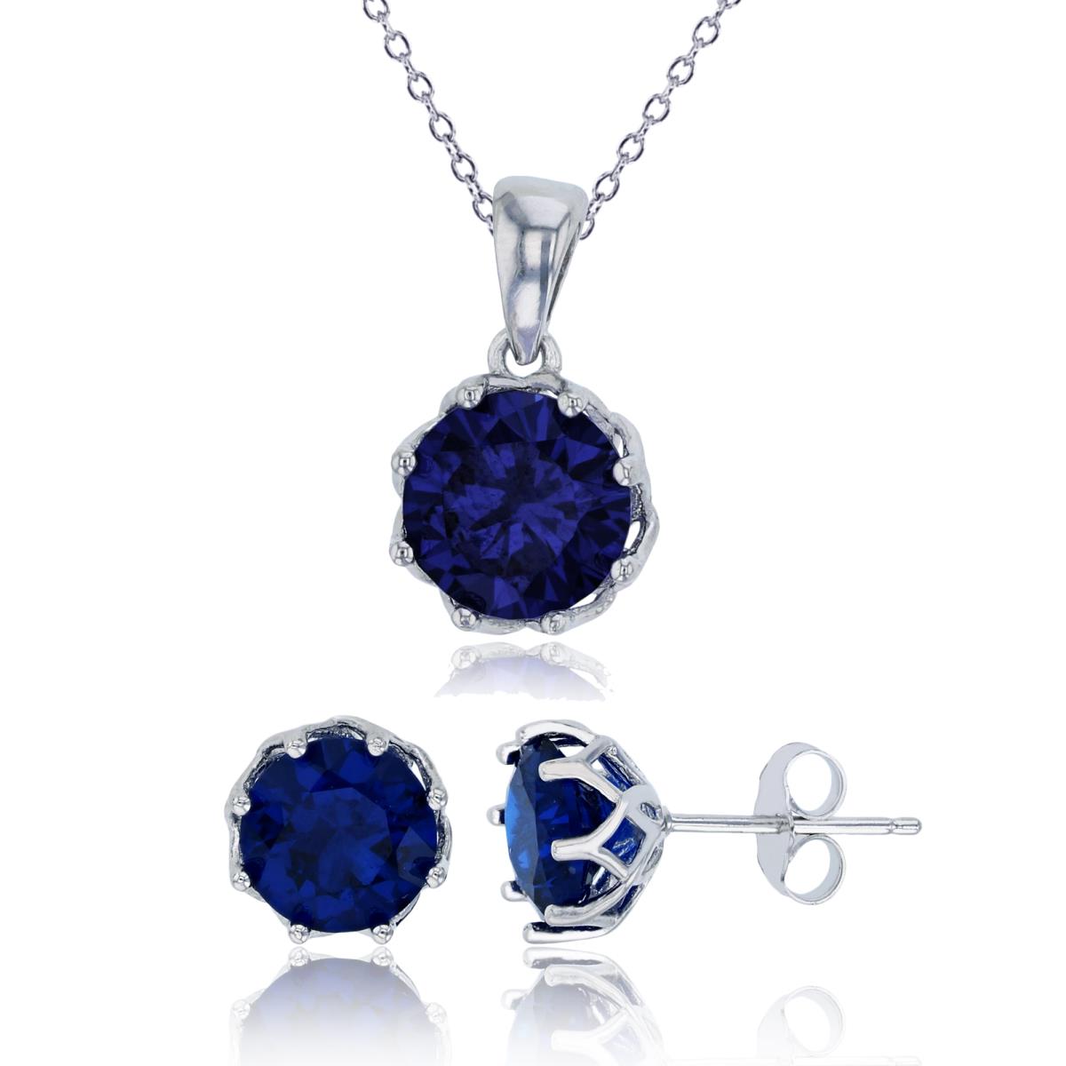 Sterling Silver Rhodium 8mm  Sapphire Round Cut CZ Solitaire 18" Necklace & Earring Set
