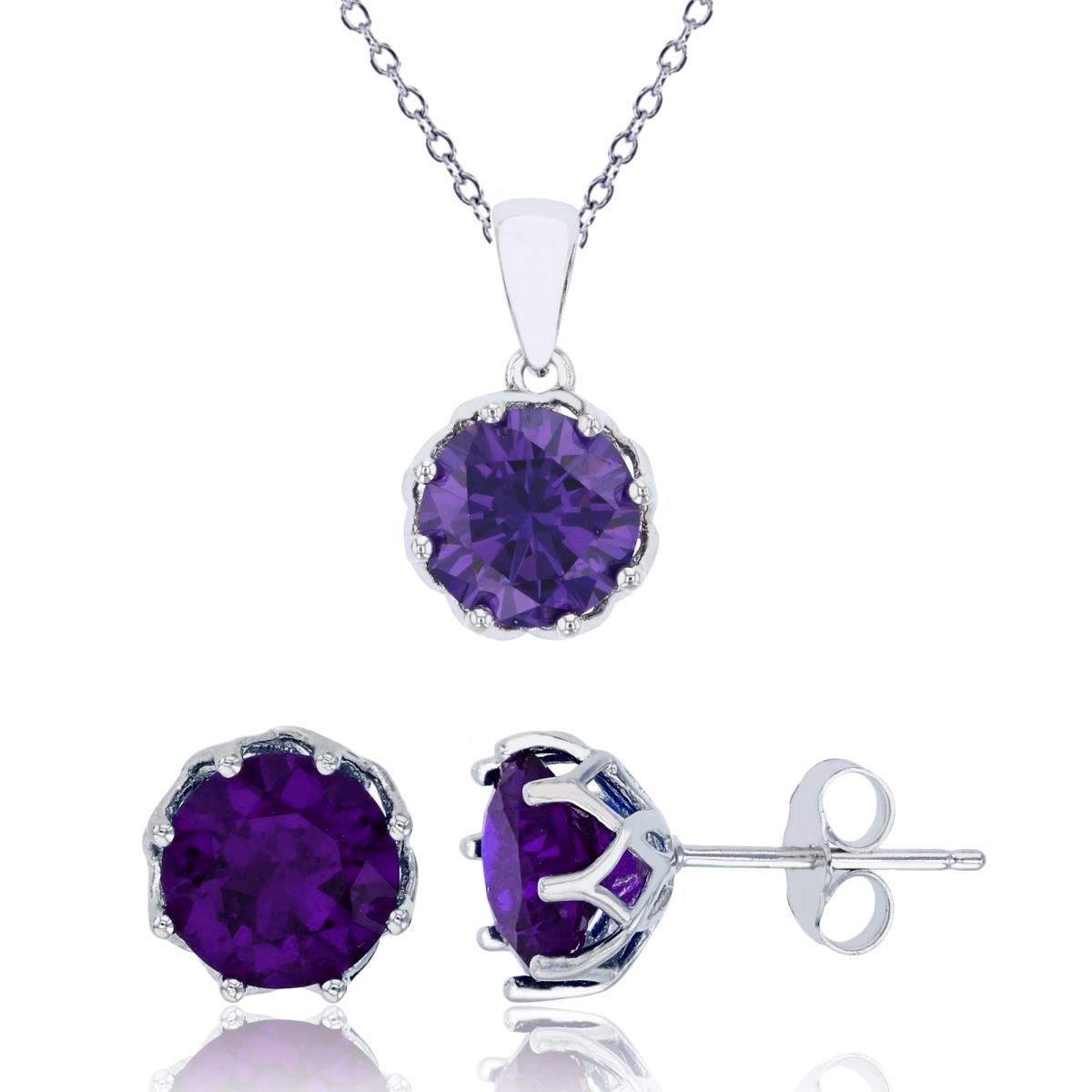 Sterling Silver Rhodium 8mm Amethyst Round Cut CZ Solitaire 18" Necklace & Earring Set