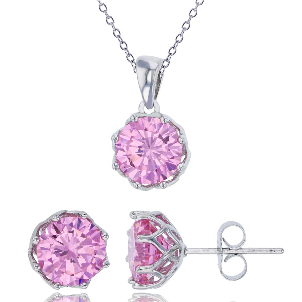 Sterling Silver Rhodium 8mm Pink Round Cut CZ Solitaire 18" Necklace & Earring Set