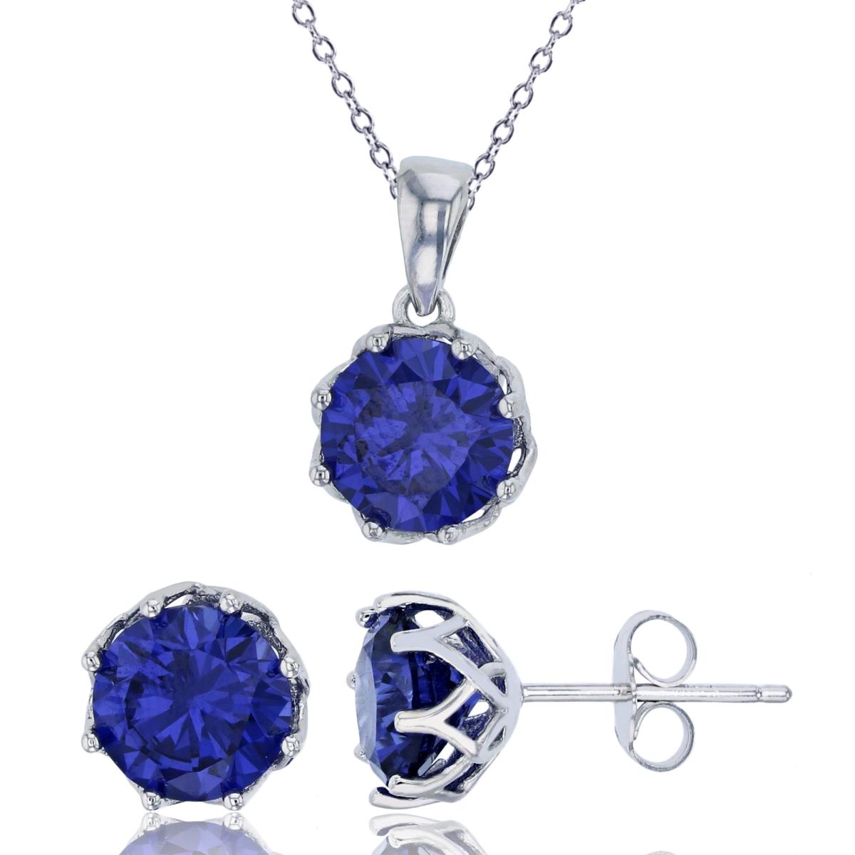 Sterling Silver Rhodium 8mm Tanzanite Round Cut CZ Solitaire 18" Necklace & Earring Set