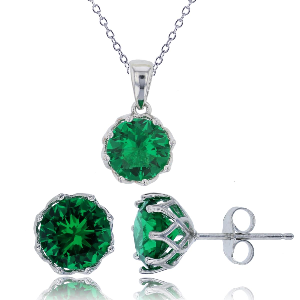 Sterling Silver Rhodium 8mm Emerald Round Cut CZ Solitaire 18" Necklace & Earring Set