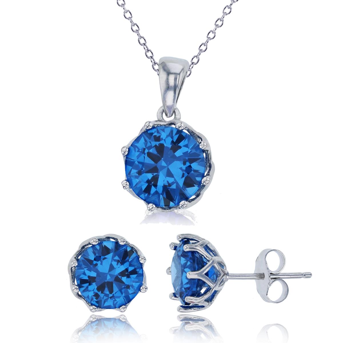 Sterling Silver Rhodium 8mm Blue Apatite Round Cut CZ Solitaire 18" Necklace & Earring Set