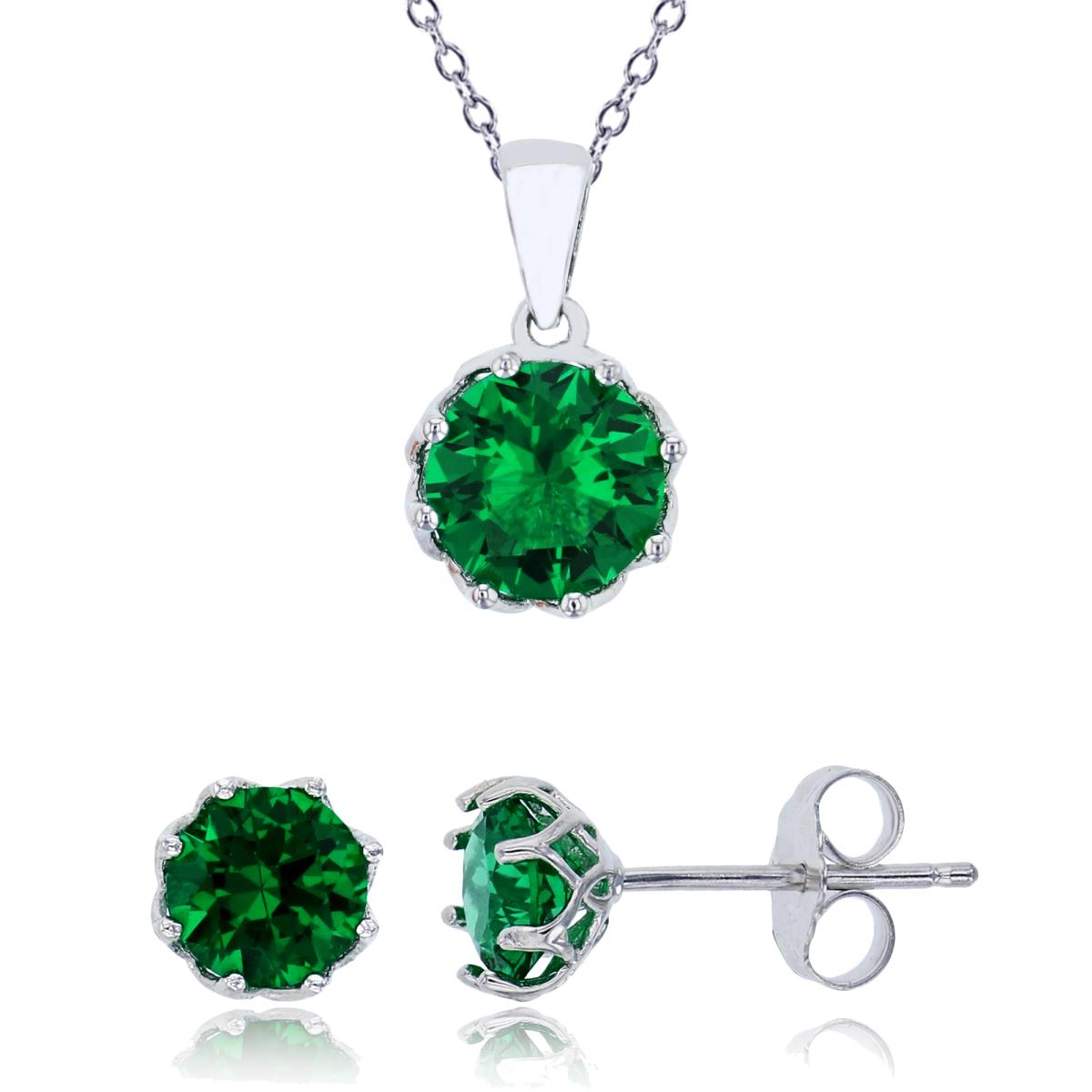 Sterling Silver Rhodium 8mm Emerald Round Cut CZ Solitaire 18" Necklace & 6mm Earring Set