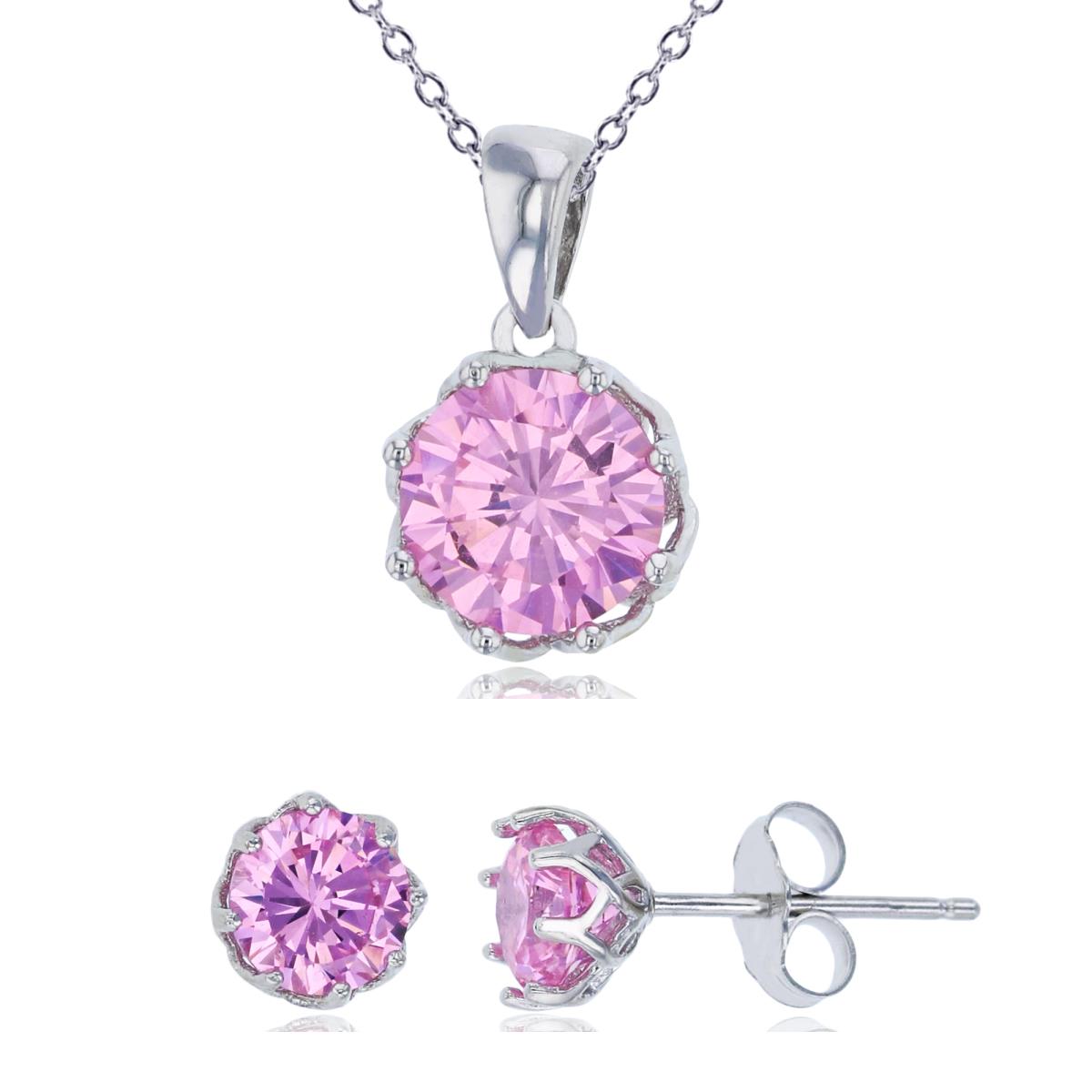 Sterling Silver Rhodium 8mm Pink Round Cut CZ Solitaire 18" Necklace & 6mm Earring Set