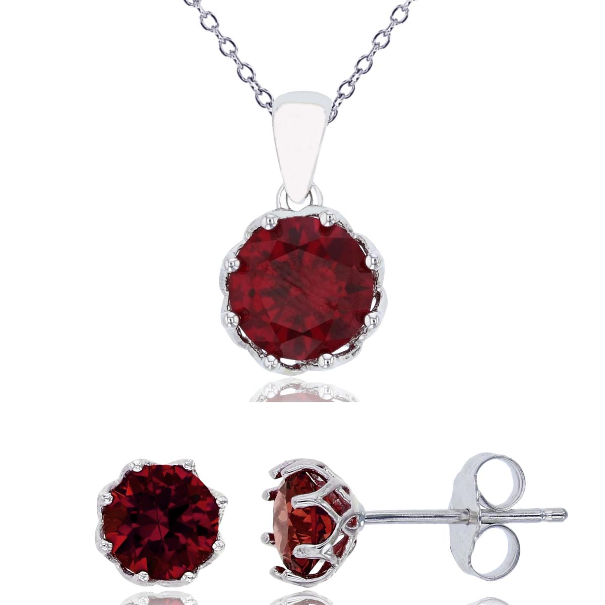Sterling Silver Rhodium 8mm Ruby Round Cut CZ Solitaire 18" Necklace & 6mm Earring Set